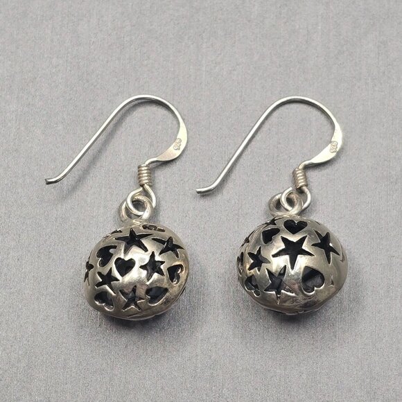 VTG Sterling Silver Star Heart Cutout Drop Earrings 1.25" Celestial Dangles 6.6g - Picture 2 of 6